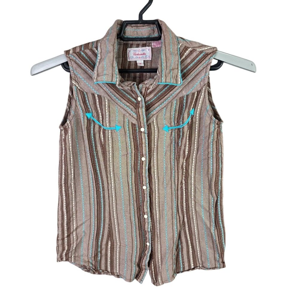 Womens Panhandle Western Brown Blue Striped Sleeveless Shirt Cotton Blend Size M
